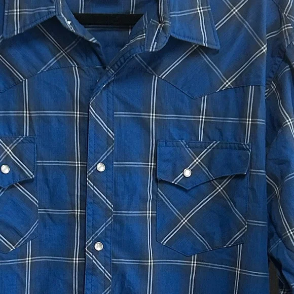 Wrangler Wrancher Shirt SizeXL Blue Plaid Western Pearl Snap Button Brushpopper - Picture 6 of 7